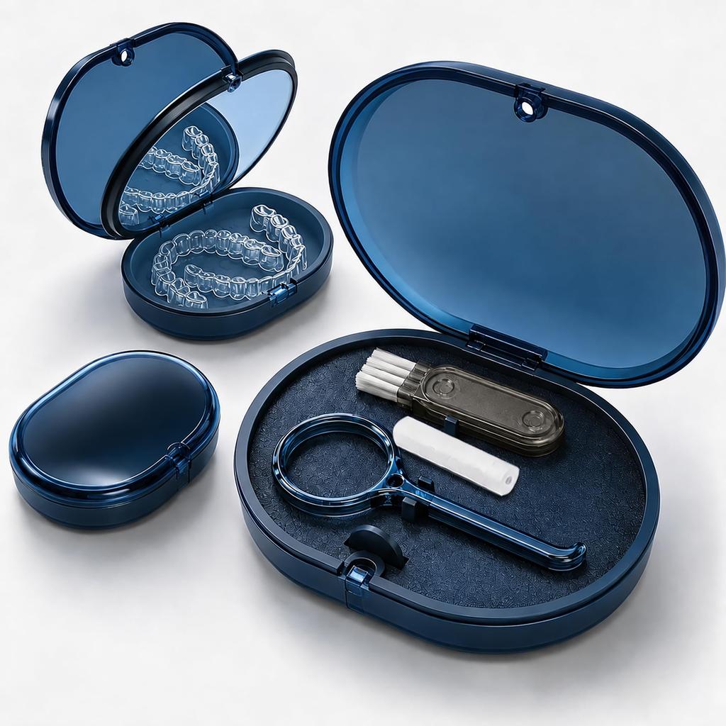 Boîtier de gouttière, Boîtier de pièce buccale, Boîtier de prothèse dentaire, Étui portable avec miroir et brosse de nettoyage, Étanche à la poussière, Compact, Lavable, Rangement propre, Voyage,