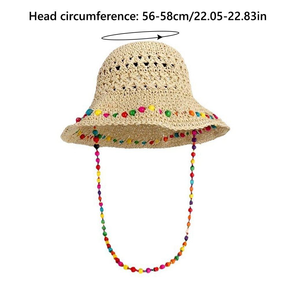 Foldable Straw Hat Color Wood Beads Sunshade Hat New Sun Cap