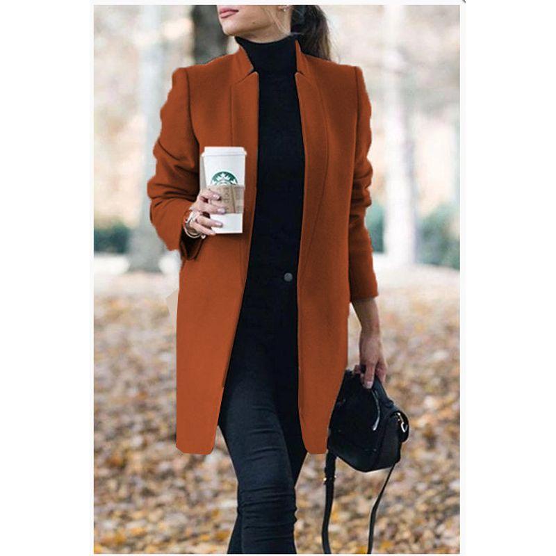

Solid Color Slim Stand Collar Coat Woman Pure Color Silm Stand Collar Coat Caramel L