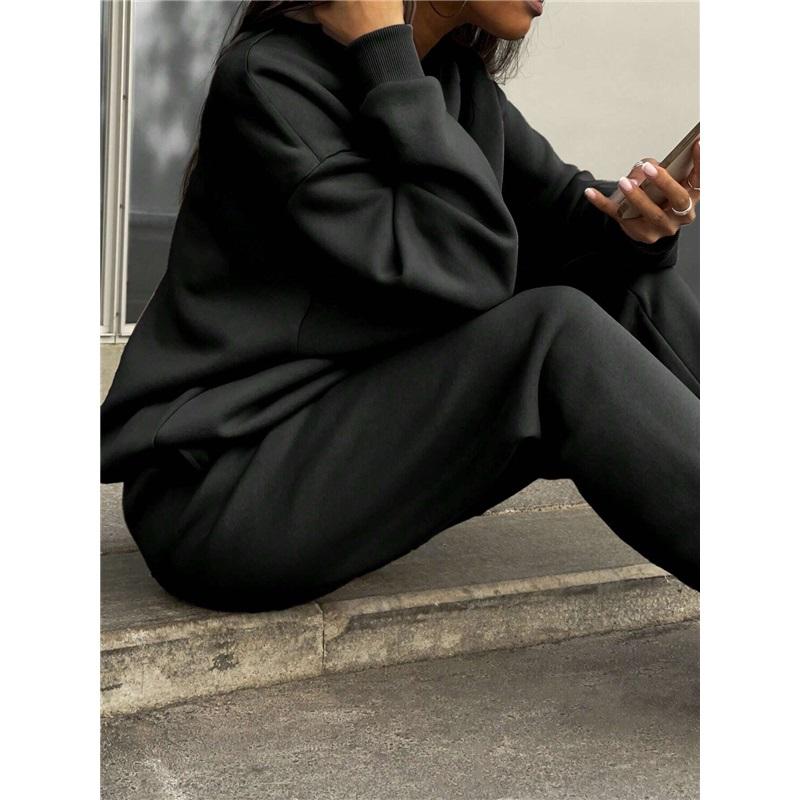 Autumn Winter European And American Half Zipper Stand Up Hoodie Set Solid Color Loose Casual Two Piece Set