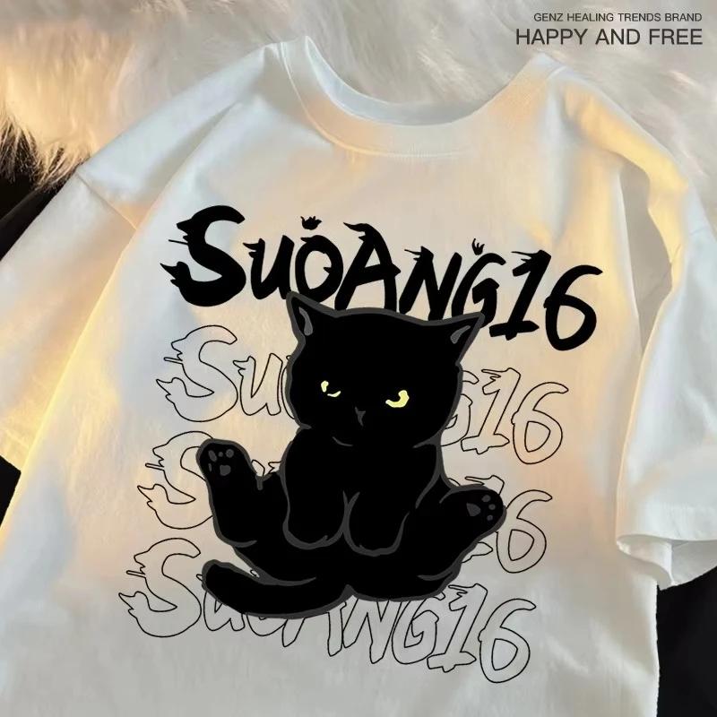 

ZX Очаровательная футболка с принтом черного кота в японском стиле, женская футболка, модная летняя футболка, футболка с круглым вырезом и коротким рукавом 3XL