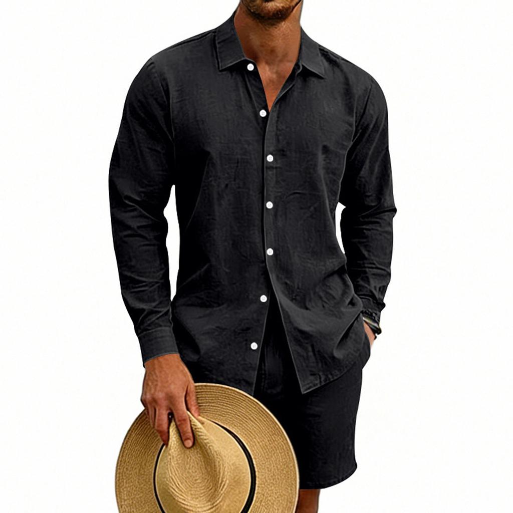 Men's Cotton And Linen Casual Long-Sleeve And Shorts Set