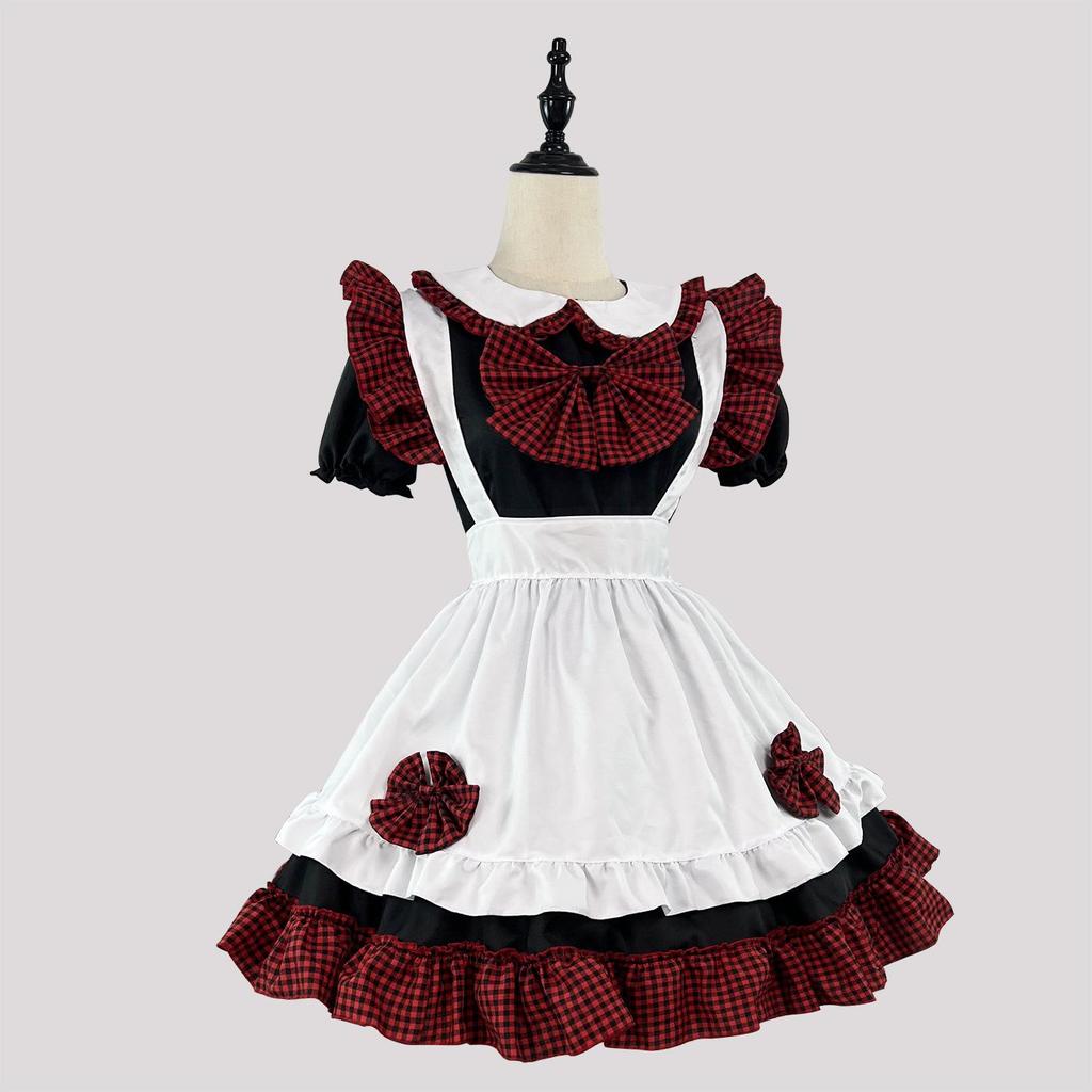Cosplay Anime 4-Piece Maid Outfit - Cute Black & White Checkered Princess Dress with Bow