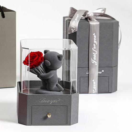 Flocking Bear Figurines with Preserved Rose Eternal Rose with Gift Box Romantic Gift for Girlfriend Wife Valentine's Day Anniversary Gift