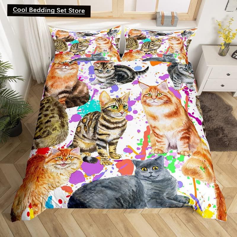 Cute Cat King Queen Duvet Cover Kitten Bedding Set Purple Floral Butterflies Polyester Quilt Cover Pet Animal Comforter Cover