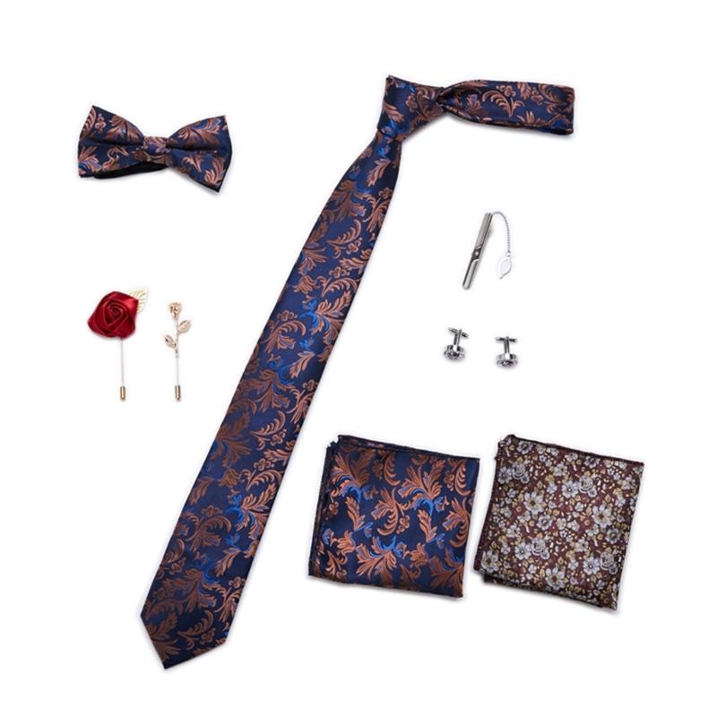 Pack of 9 Men's Floral Tie Set with Pocket Square Tie Clip Brooch Accessories for Formal Occasion Holiday Gift Supply