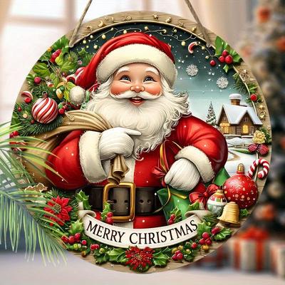 Christmas Santa Claus Merry Christmas Round Wooden Hanging Sign, 2D Flat Printed Wall Door Ornament, Xmas Home Porch Holiday Decor Gift