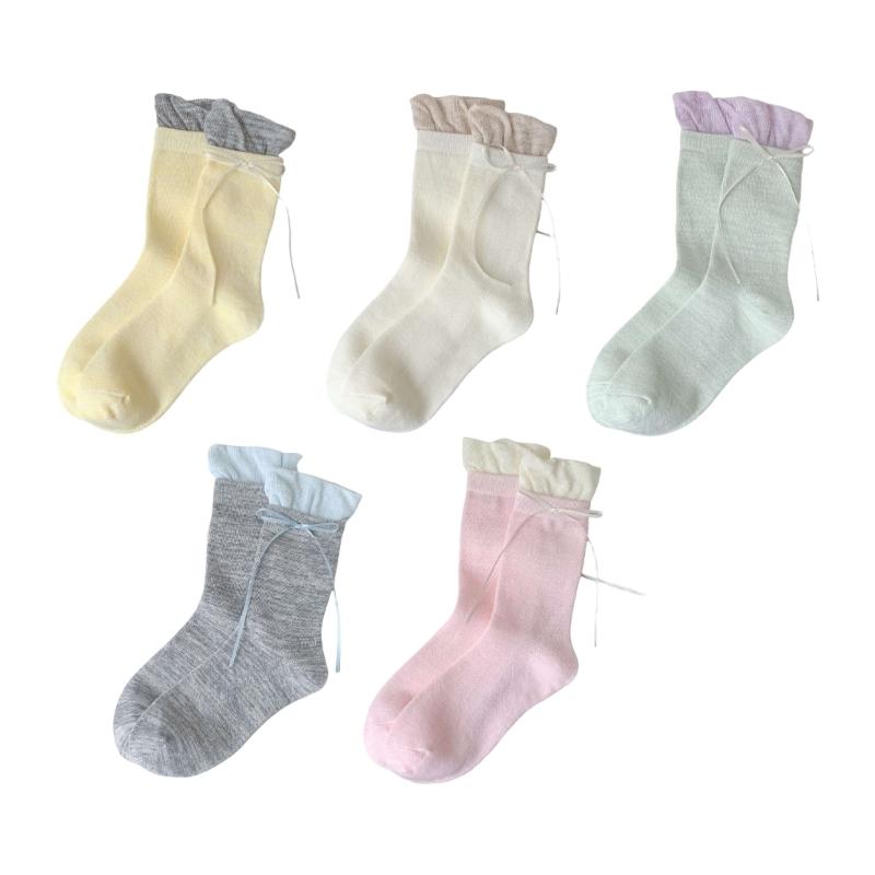 Womens Japanese Sweet Ribbon Bowknot Accent Crew Socks Elegant Students Color Block Ruffle Top Splicing Cotton Socks