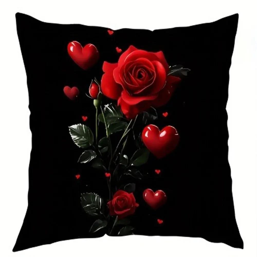 Red Rose Love Heart Pattern Home Decor Pillow Cover Living Room Sofa Polyester Cushion Cover Zipper