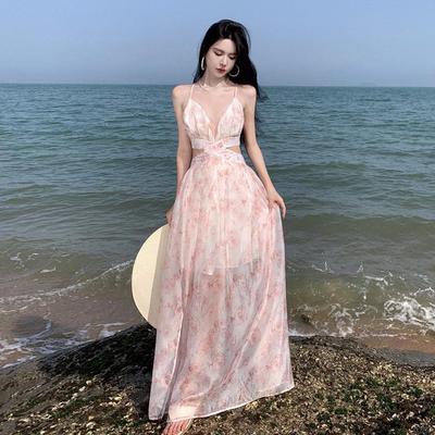 Charming Pink Floral French-Style Summer Dress with Waist Tie