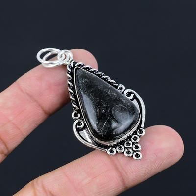 925 Silver Pear Black Fossil Coral Stone Root Chakra Bezel Birthday Wife Pendant