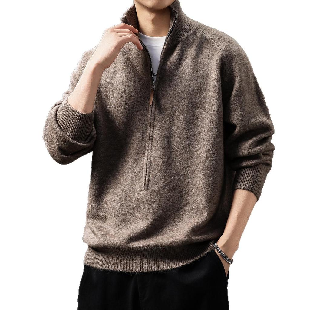 Premium American Style Men's Half-High Collar Knit Sweater - Warm, Anti-Pilling, Plus Size, Long Zipper.
