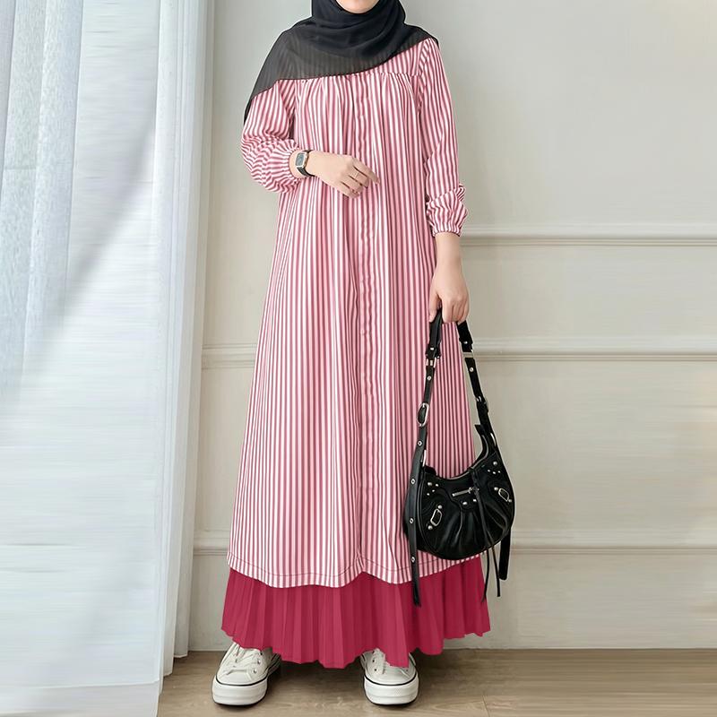 ZANZEA Women Casual Stand Collar Long Sleeve Loose Stripe Long Dress 3XL красный