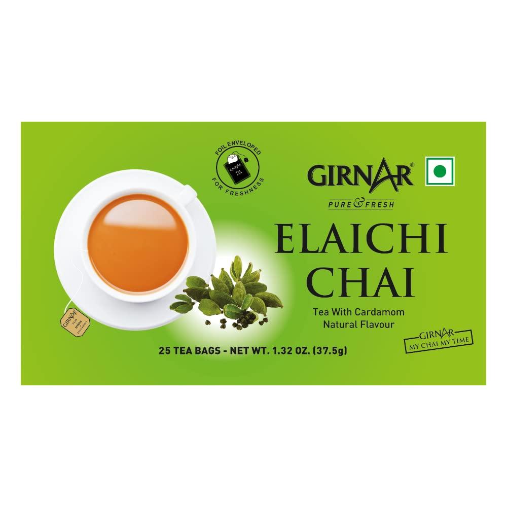 Girnar Elaichi Chai Cardamom Black Tea Foil Wrapped 25 Tea Bags Natural Beverage