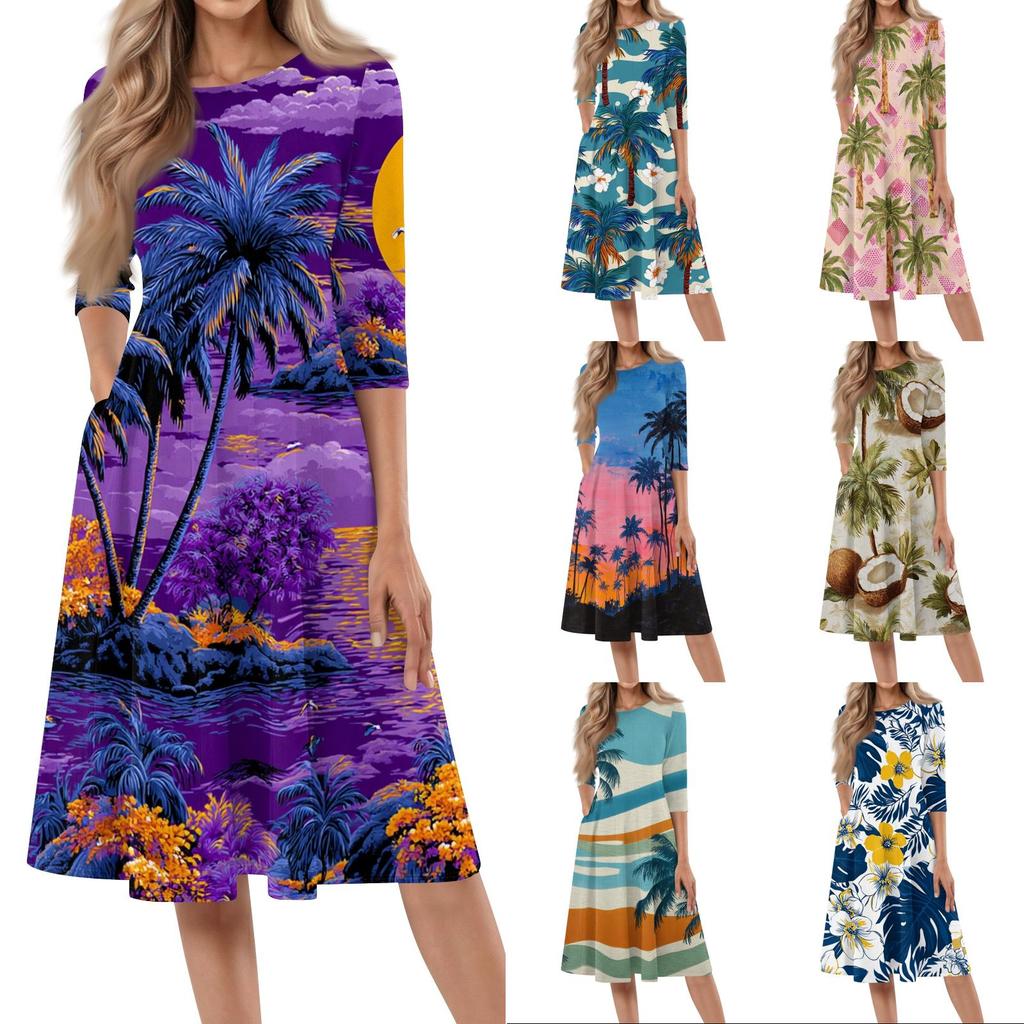 Women's Casual Mid-Length Dress Crew Neck Hawaiian Print Relaxed Fit Three Quarter Sleeve Summer Dress