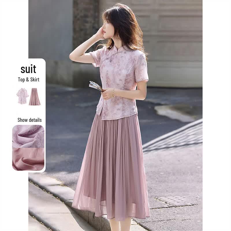 New Chinese Style Disc Button Shirt & Pleated Skirt Set M