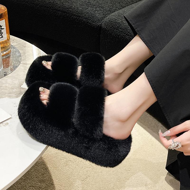 Dámské chlupaté pantofle: 2025 Nová podzimní/zimní móda, Plyšové nadýchané outdoorové boty na silné podrážce