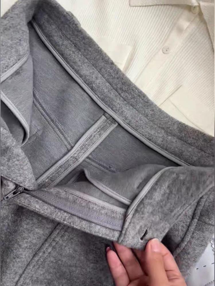2025 Autumn/Winter Elegant High-Waisted Gray Wool Slimming Straight-Leg Trousers for Women - Warm Commuting Suit Pants