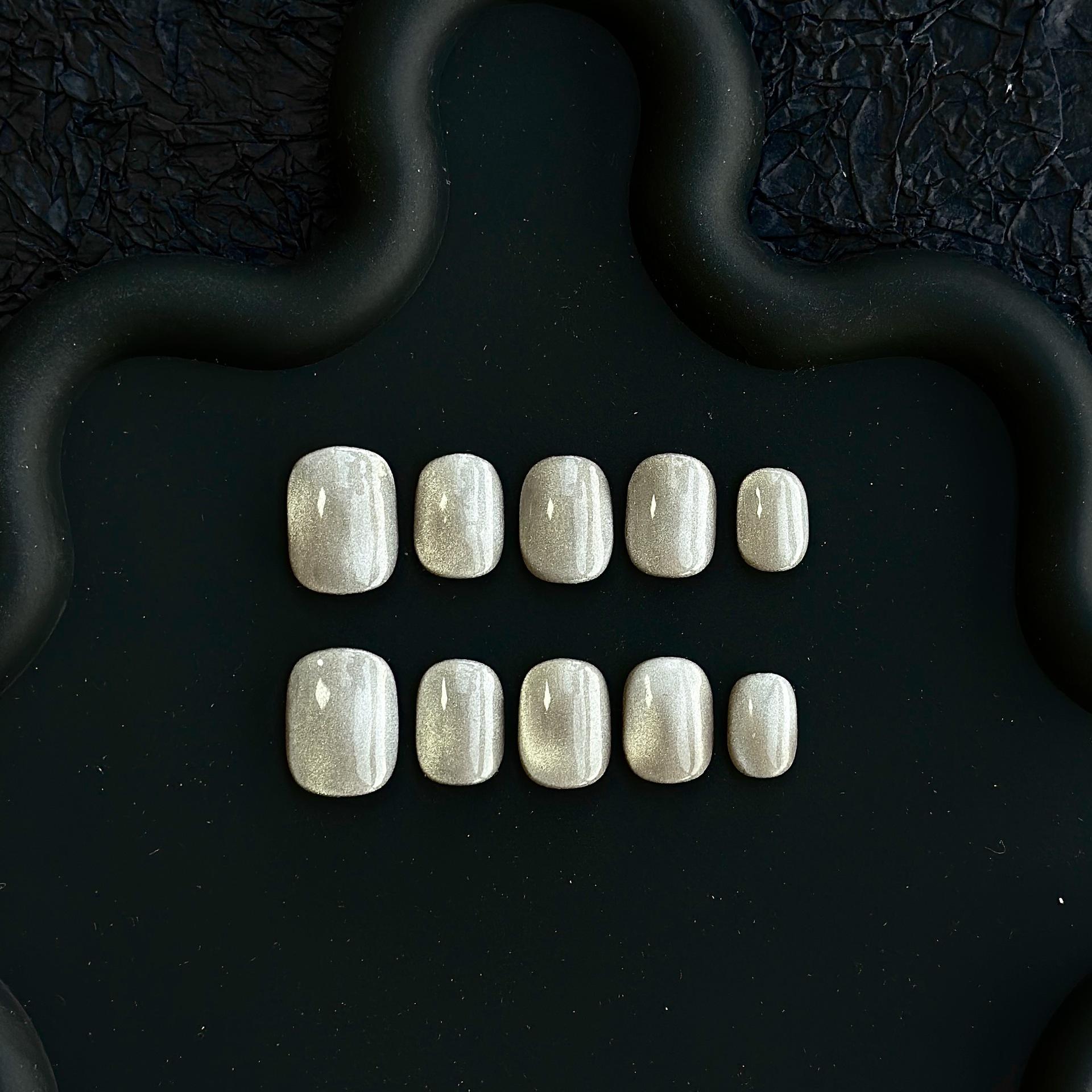 Handmade Cat Eye Coffin Almond French Coffin False Nails Pink 3D Flower Press Nail Sticker Design Acrylic Artificial Fingernails