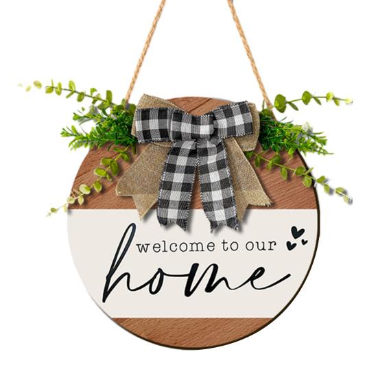 Welcome Wreath, Wood with Hemp Rope Hanger, Fabric Bow Decor Rustic Round Sign, for Doors Walls Entryway