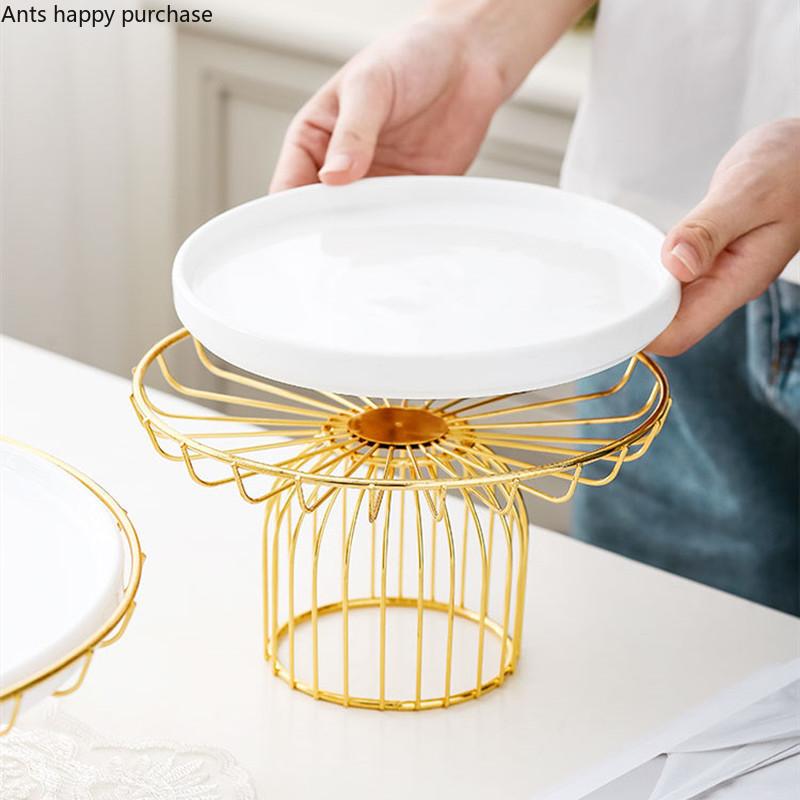 Golden Wrought Iron Cake Plate with Glass Cover Cake Dessert Table Decoration Display Tray with Cover White Ceramic Plate