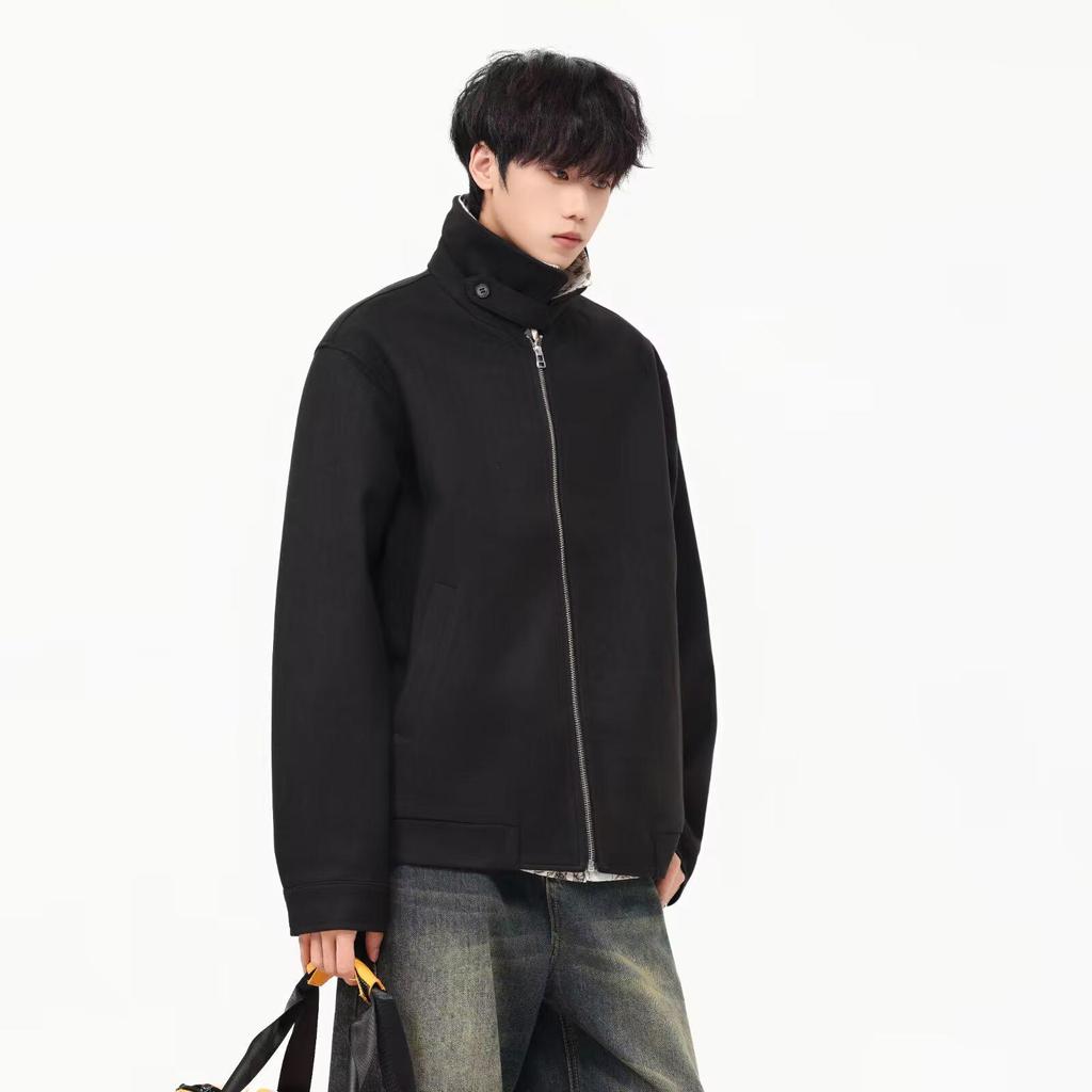 Unisex Retro Wolljacke mit Revers und Reißverschluss - Falsches Zweiteiler-Design für Herbst/Winter Freizeitkleidung