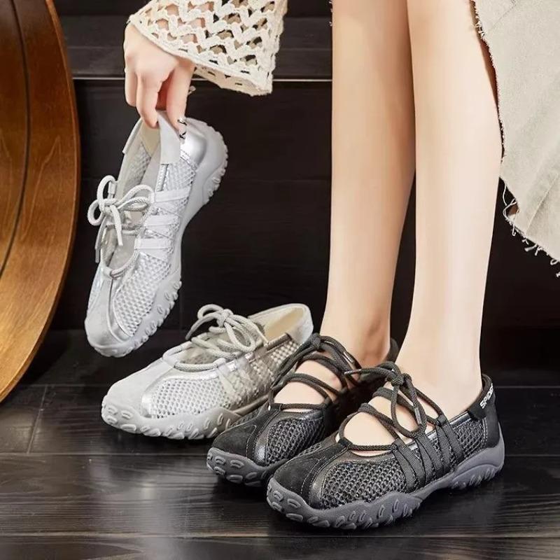 Zapatos de corte individual para mujer, verano, punta redonda, boca poco profunda, malla transpirable, zapatillas de caña baja