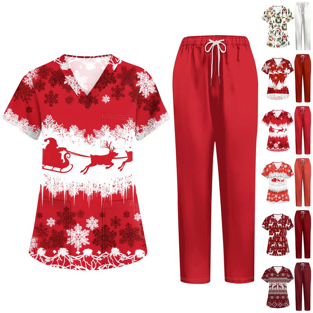 Women's Christmas Print Short Sleeve Scrub Two-Piece Set with Pocketed Top and Pants