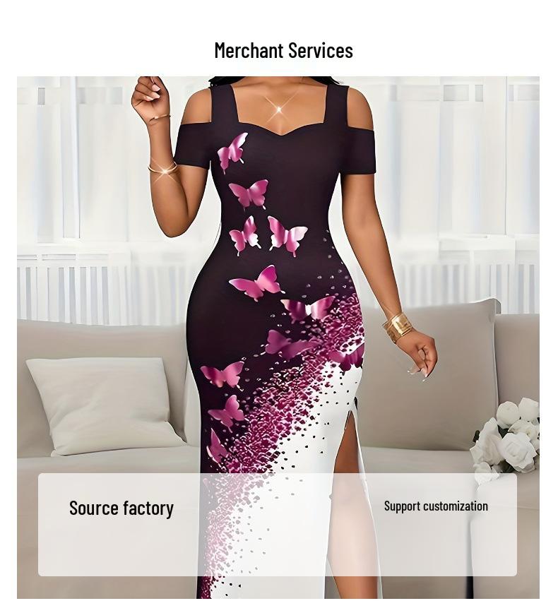 2025 Elegant Off-Shoulder Butterfly Print Color Block Dress for Women