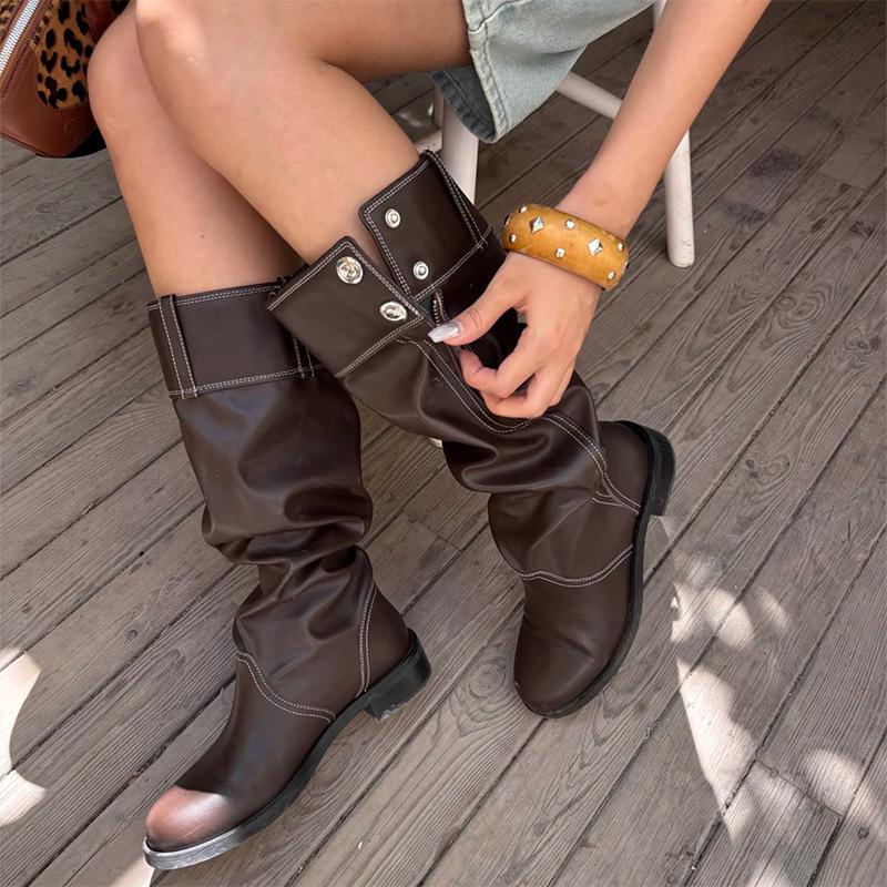 Cowhide version niche trousers fashion boots genuine leather stacking boots women's retro pleated boots round head but knee knight boots