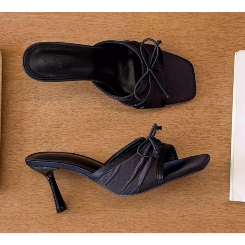 New Summer Women Square Toe High Heel Slippers Fashionable Butterfly-knot Dress Slide Ladies Evening Party Sandals Zapatos Mujer