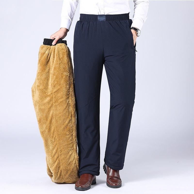 Mens Thickened Fleece Lined Straight Warm Casual Winter Pants For Middle Aged Dad