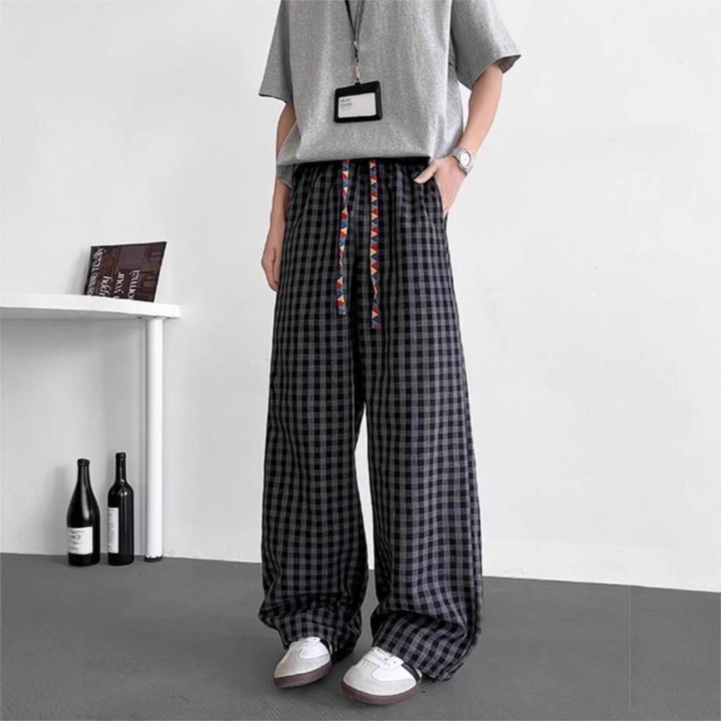 Plaid Pants Men's Loose Summer Can Be Worn Outside Mopping Long New Bf Lazy Men's Casual Pants Ice Silk Thin