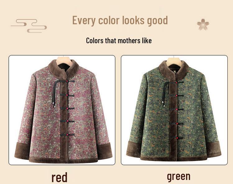 Winter Cotton Jacket with Fur Lining for Middle-aged and Elderly Women - Chinese National Style
