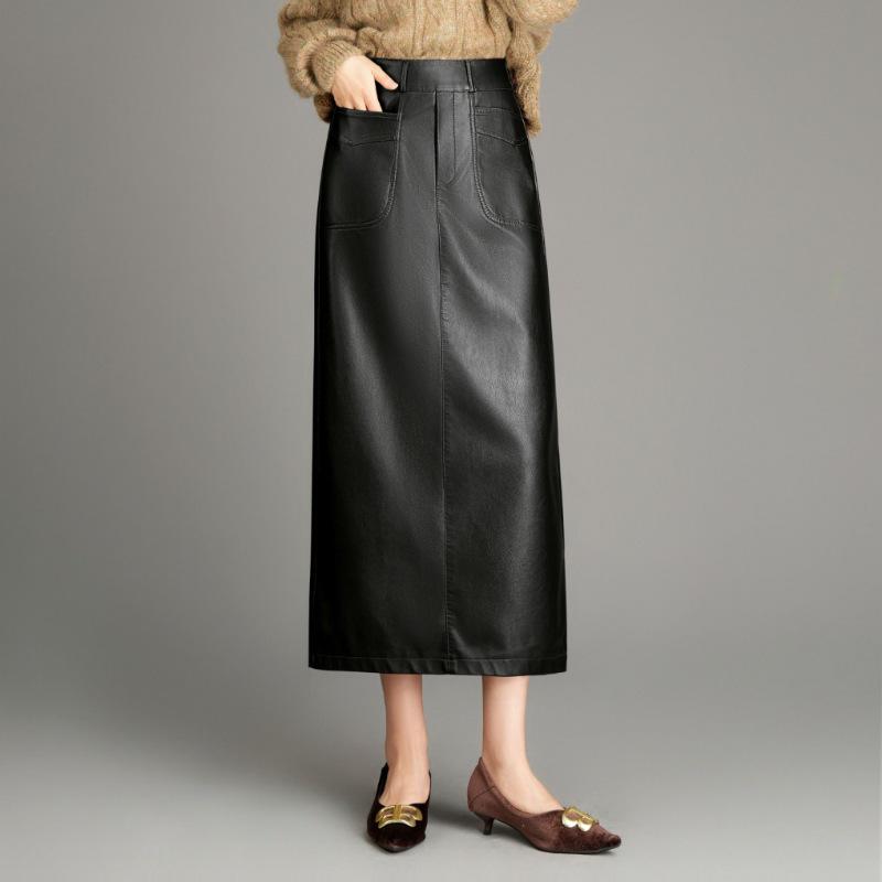Elegant Women's Genuine Leather Slit Skirt - High-End Autumn/Winter Fashion
