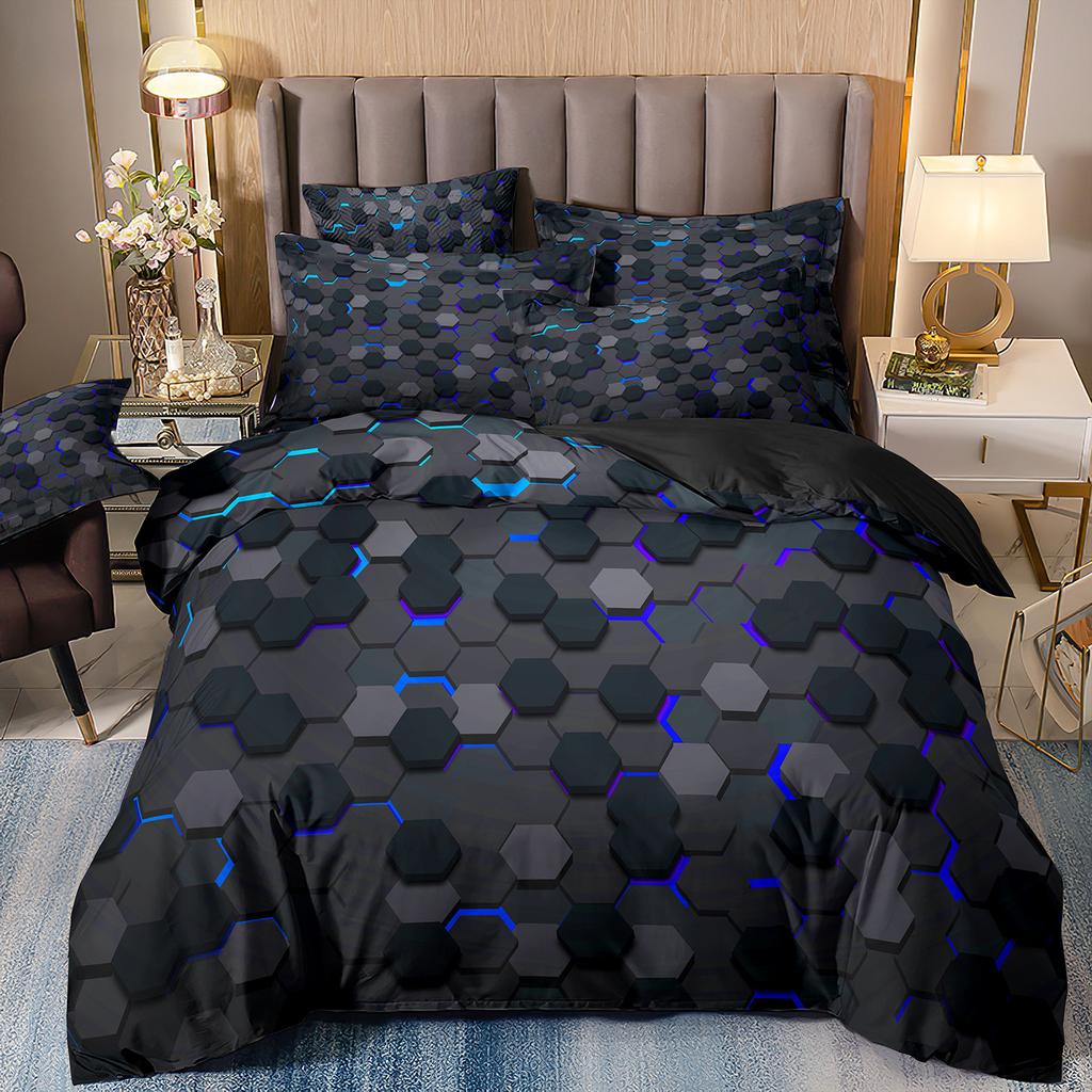 Abstraktes 3D-Druck-Bettwäscheset mit geometrischem Karomuster, vierteilig, dreiteilig