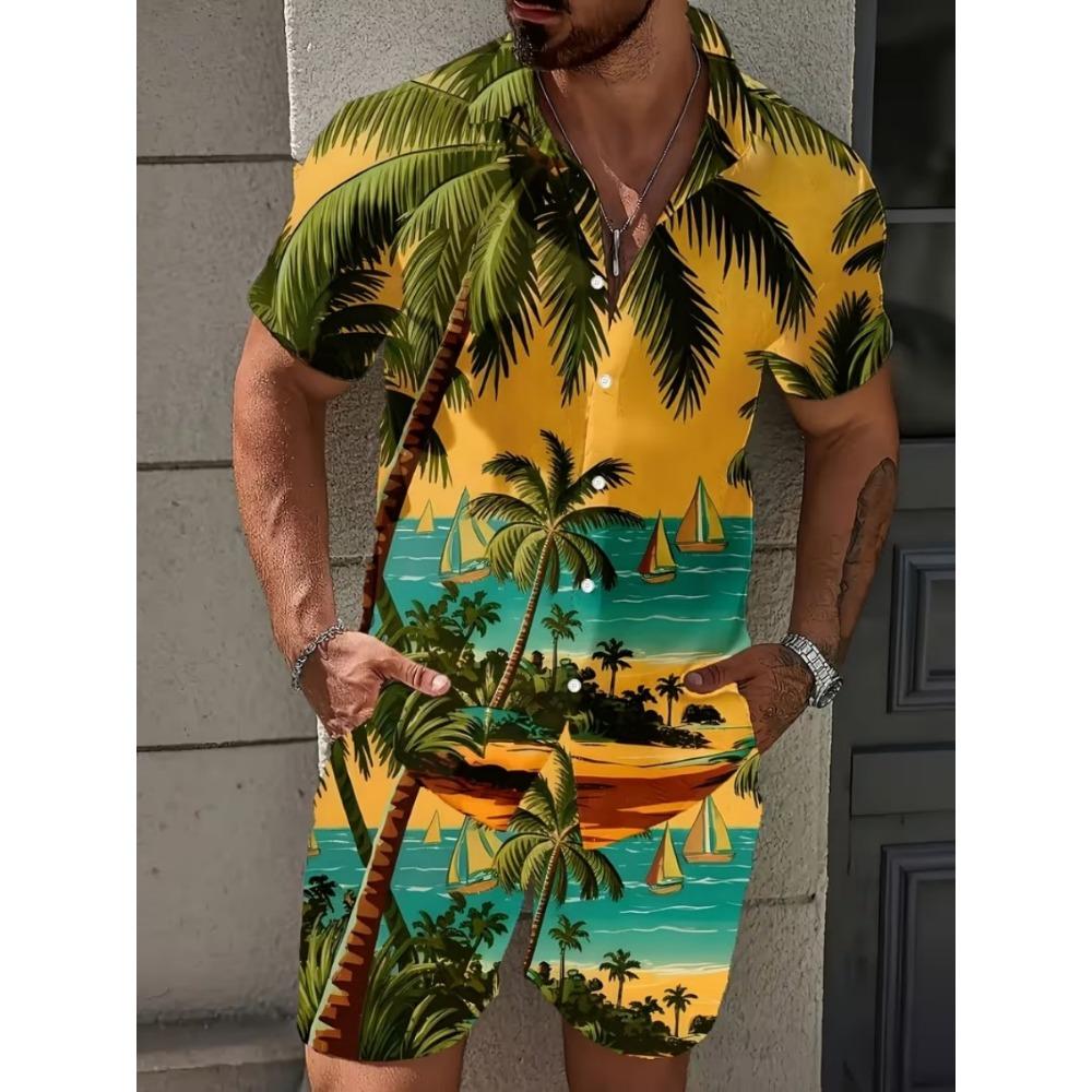 Completo estivo a maniche corte da uomo e da donna Stampa con motivo irregolare Stile marino Moda Camicia con bottoni Top Pantaloncini corti