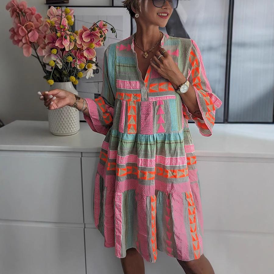 2023 European & American Autumn V-Neck Print Dress - Women's Three-Quarter Sleeve