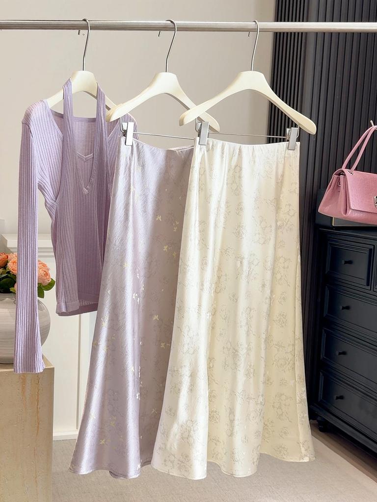 Retro High-Waist Silk Acetate A-line Butterfly Jacquard Fishtail Midi Skirt for Women