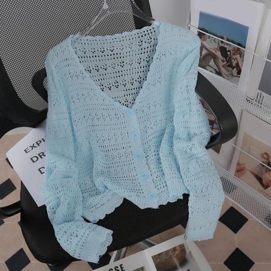Dámský háčkovaný přehoz na plážovou dovolenou, boho, s výřezy, dlouhý rukáv, zapínání na knoflíky, letní košile na ochranu před sluncem