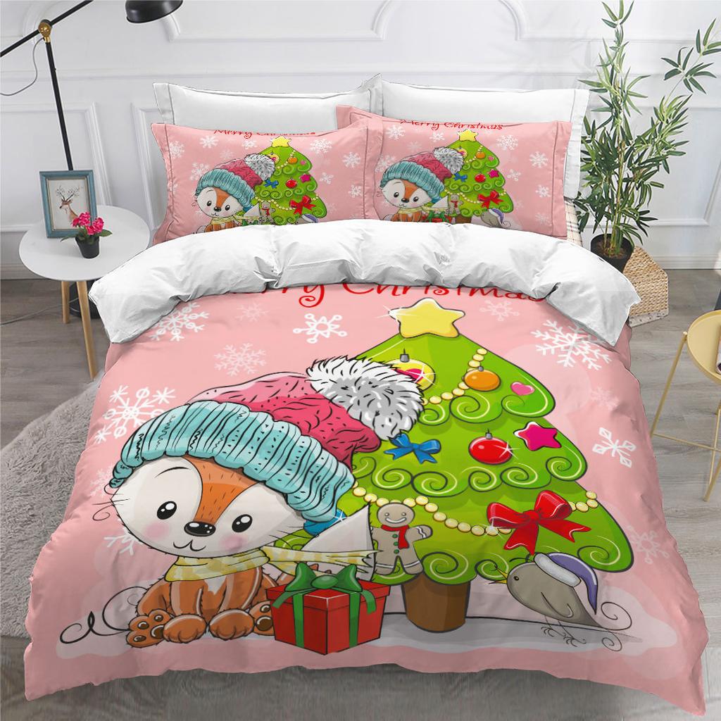 Cute Cartoon 3D Red Fox Digital Printing Three-Piece Set Size Quilt Cover Pillowcase