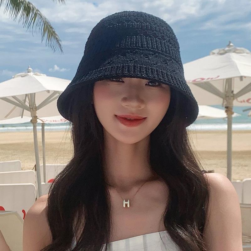 Women Hollow Breathable Openwork Knit Fisherman Cap Wide Brim Sun Hat for Summer Beach Outdoor Travel Daily Casual Sun Protection Ladies Headwear