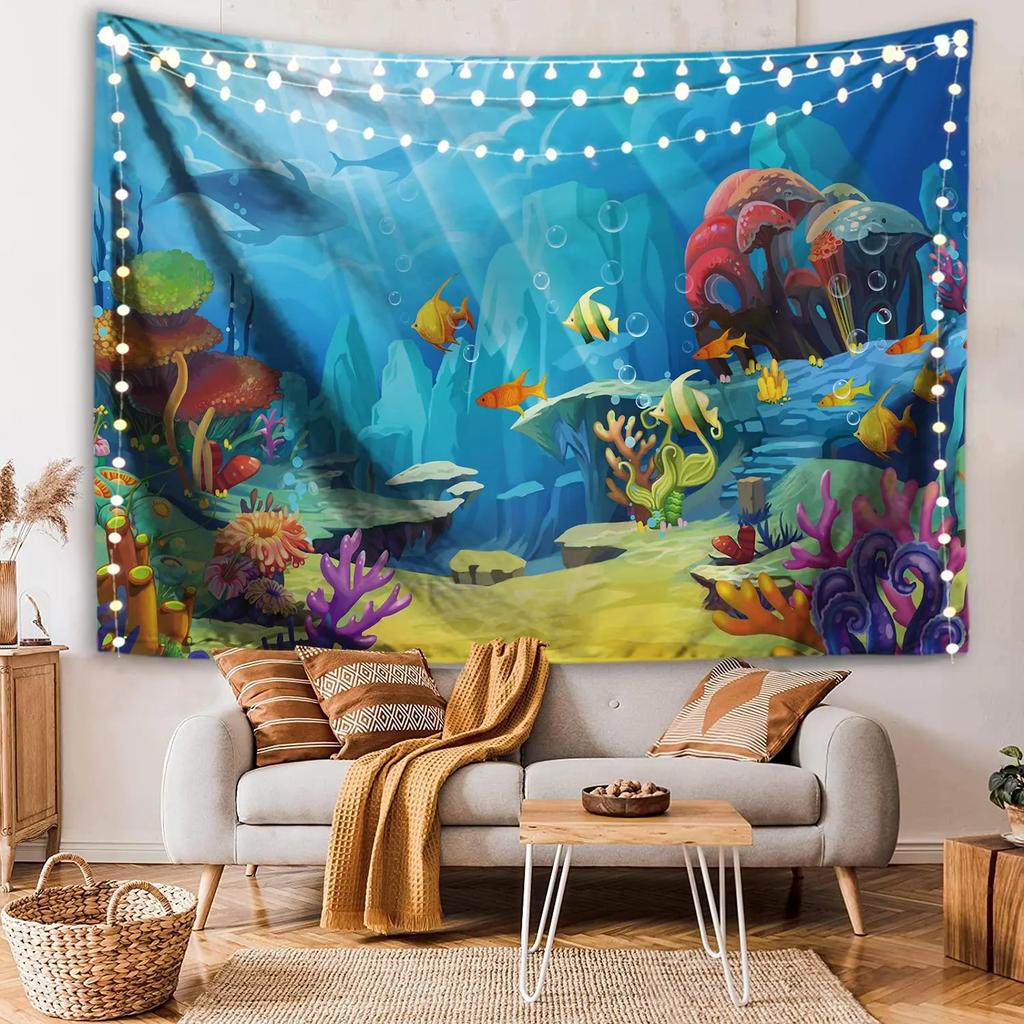 Cartoon Underwater World Tapestry Marine Life Background Cloth Ocean Theme Atmosphere Decoration Room Decoration