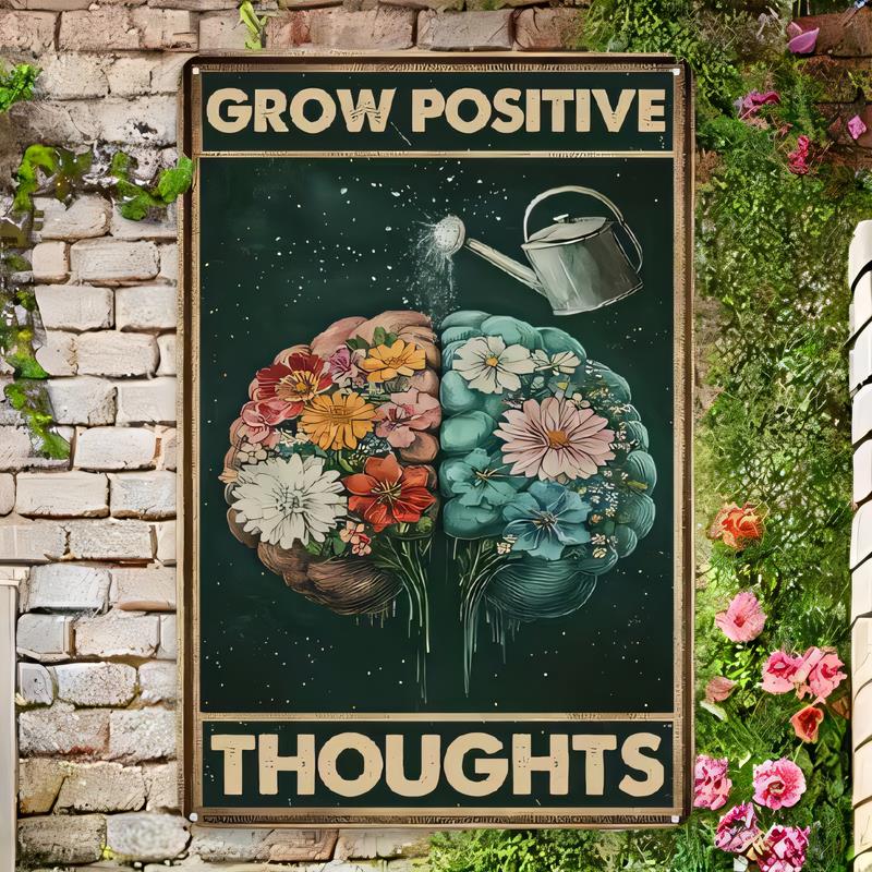 Tin Sign Grow Positive Thoughts Vintage Botanical Flowers and Watering Can Wall Decor for Garden Shed Patio Fence Retro Metal P