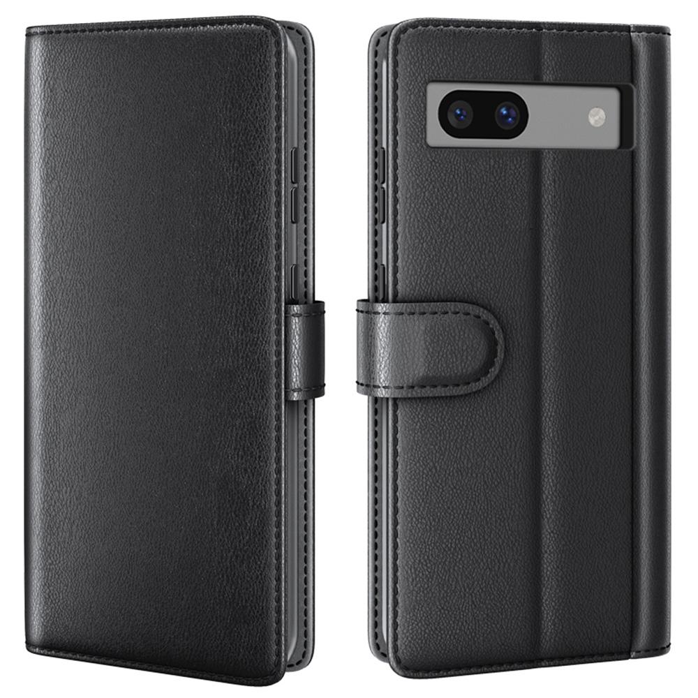 

For Google Pixel 7a Phone Cases Genuine Split Leather Wallet Mobile Cover Stand Black