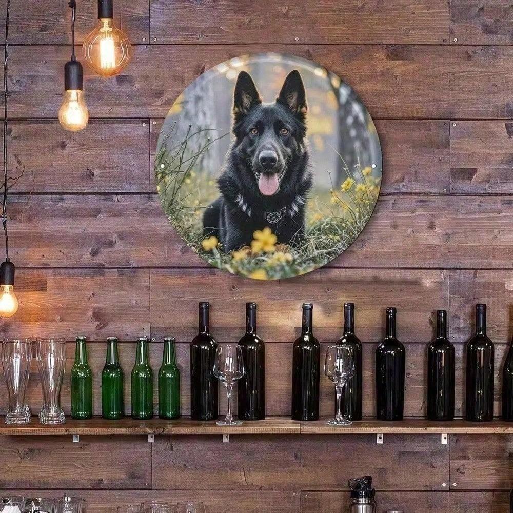 Vintage German Shepherd Metal Sign Round Aluminum Wall Art Black Dog Decor Man Cave Garage