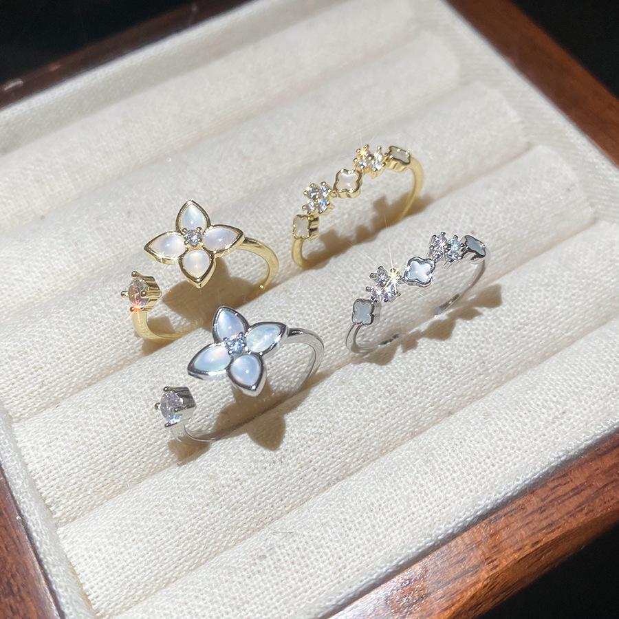 14k Gold Plated Zirconia Flower Open Ring - French Light Luxury Style, High-End Feel, Handcrafted Jewelry.
