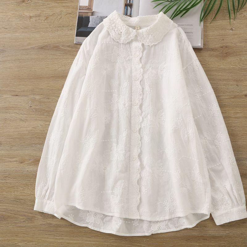 

Mori Sweet Machine Embroidery Long Sleeves Shirt Women s Cut Out Ingot Collar Lace Placket Pure Cotton Bottoming Shirt Lady White M