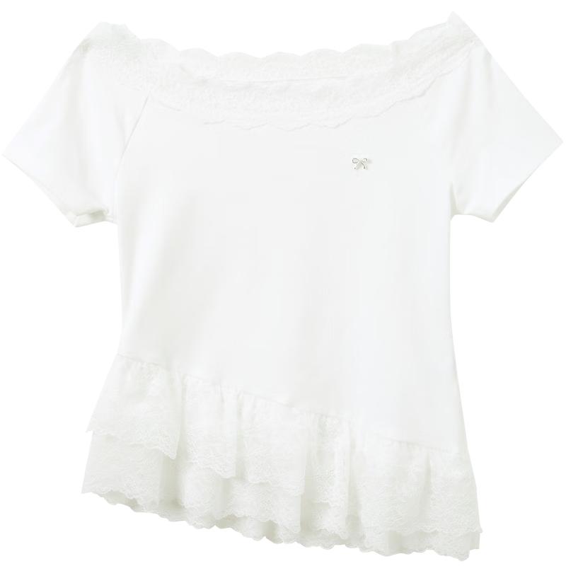Sancai 2026 Summer Asymmetrical Lace Patchwork T-Shirt XL