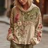 Women's Fashion Long-Sleeve Hooded Vintage  Patchwork Floral Print Casual Sweatshirt Top